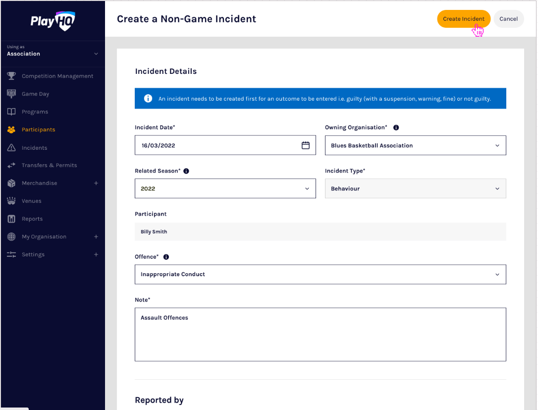 NonGame Incidents & Suspensions PlayHQ