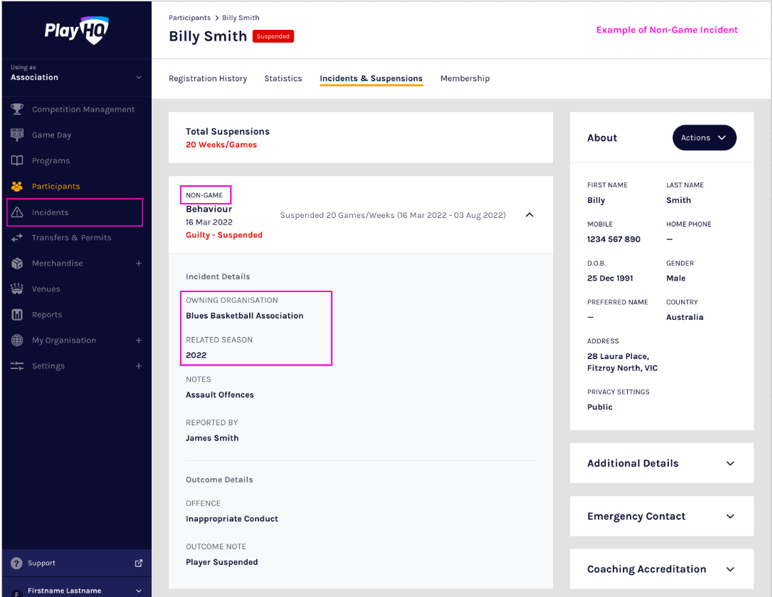 NonGame Incidents & Suspensions PlayHQ