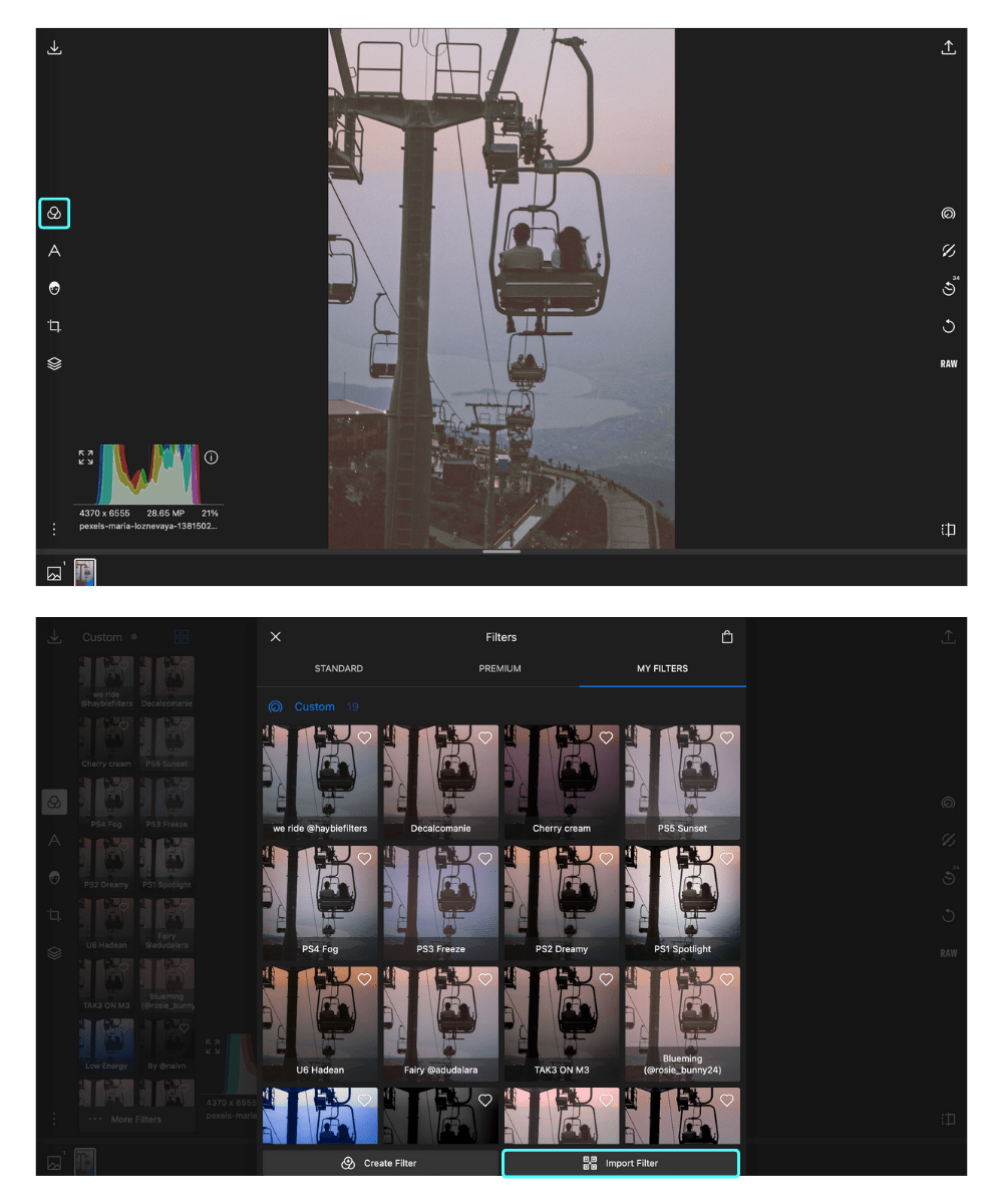 Creating and importing filters in Polarr Pro Photo Editor Polarr