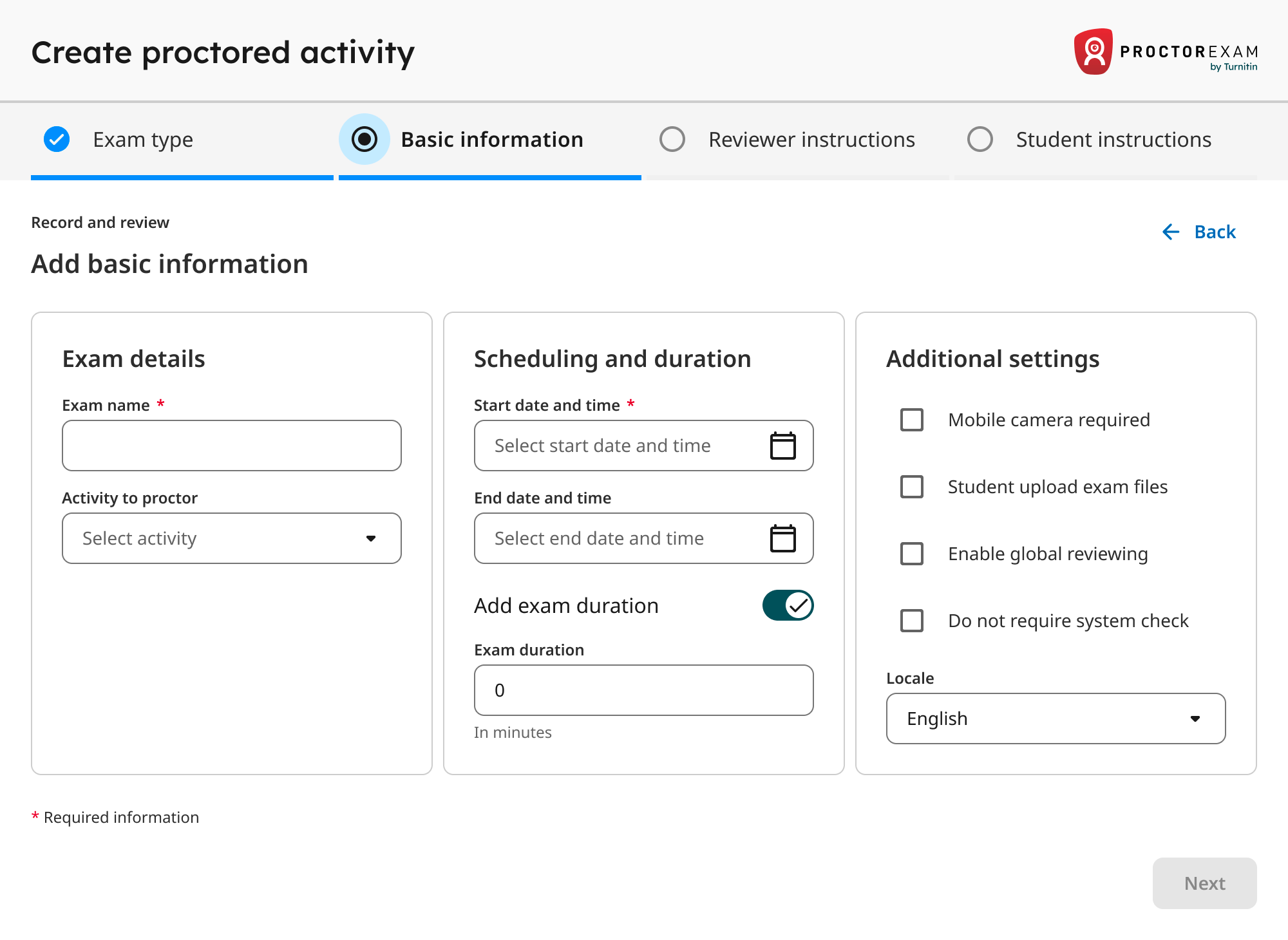 Configuring a proctored exam ProctorExam