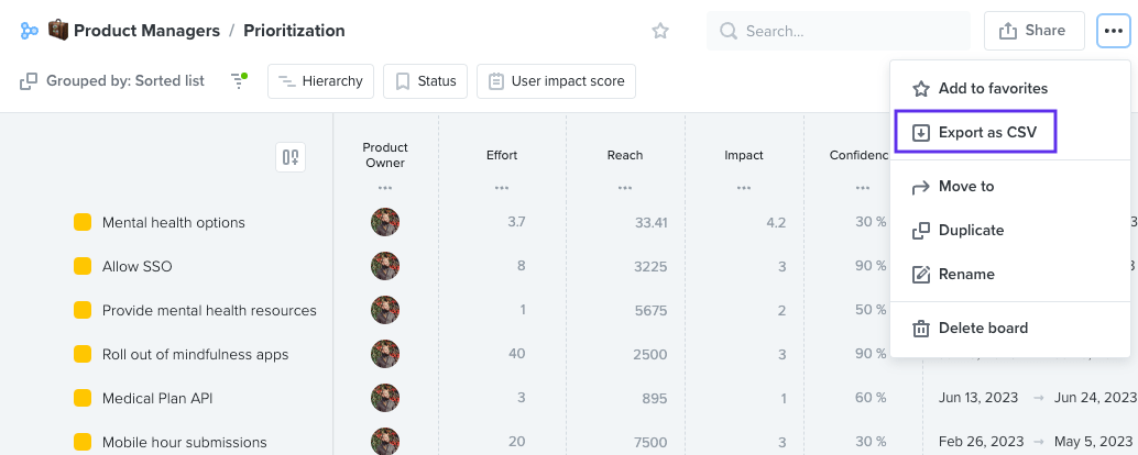 Exporting features into a CSV using the Features Board CSV export and