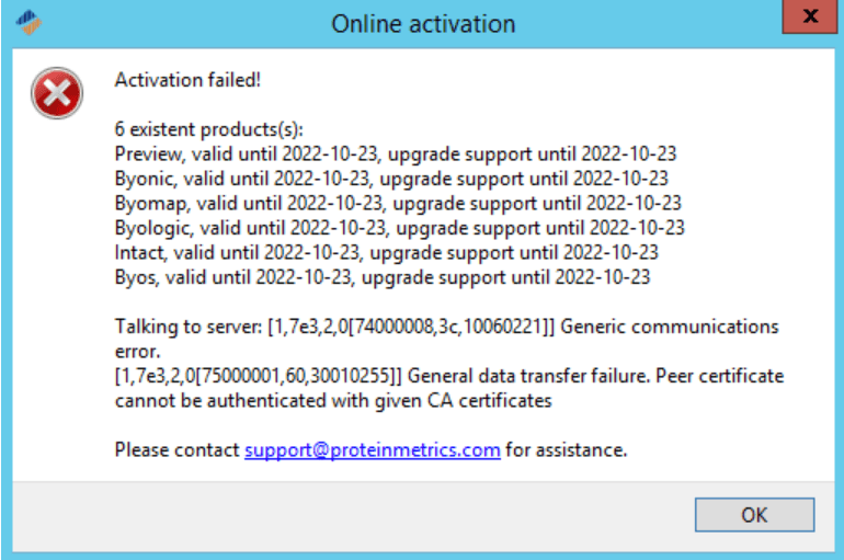 General data transfer failure Protein Metrics