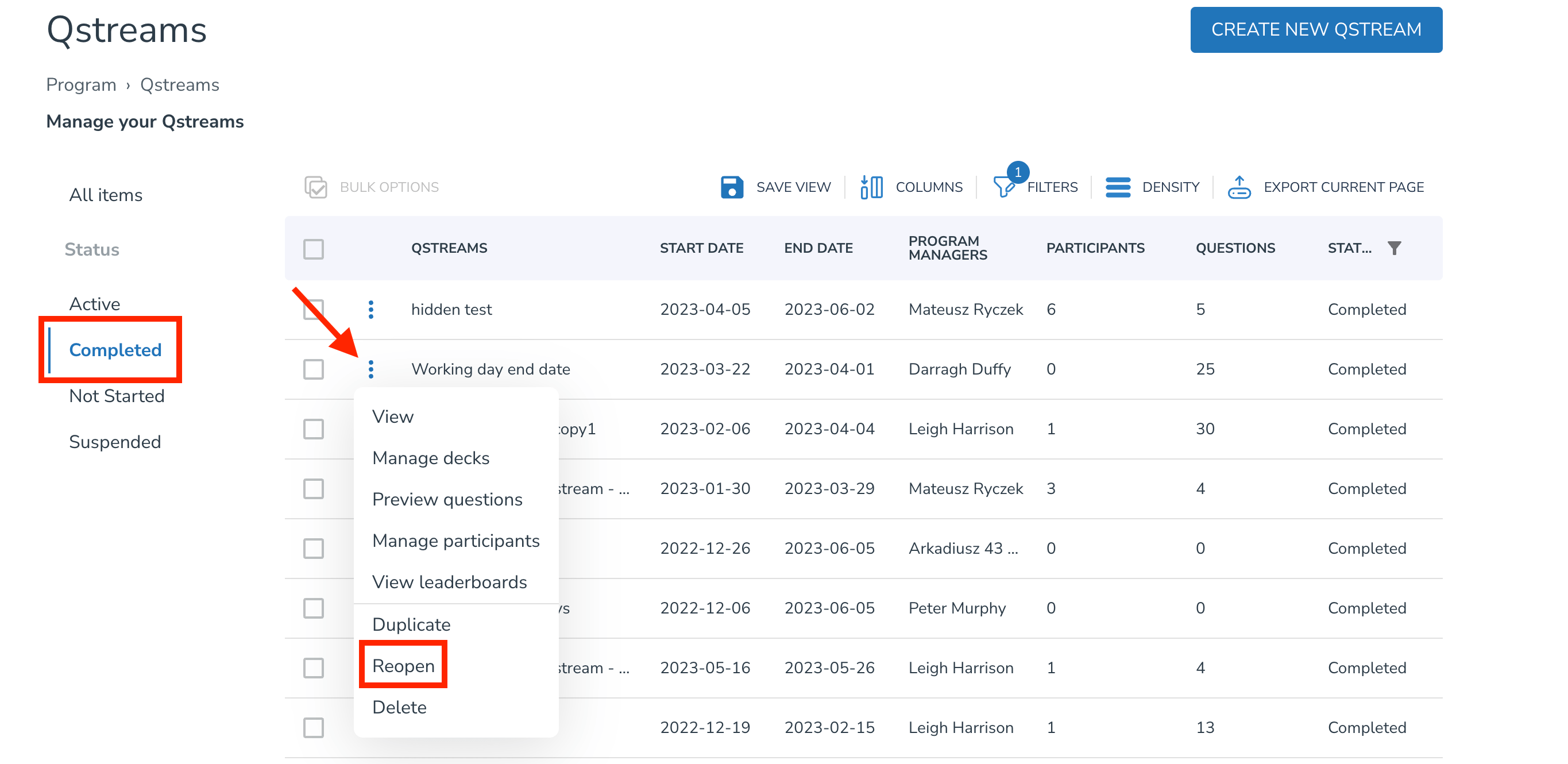 Reopening a Qstream Qstream Support