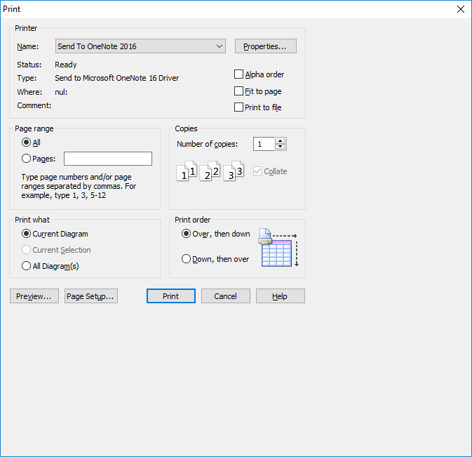 When I select to print a few pages, erwin DM prints the entire model