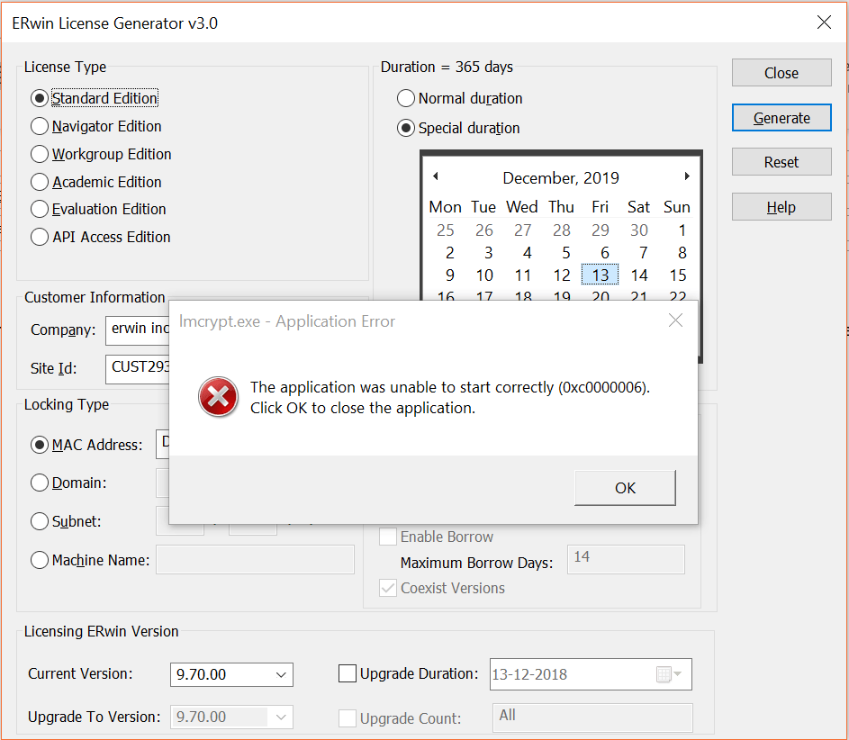 ERwin License generator Application error after pressing "Generate" button (4279810)