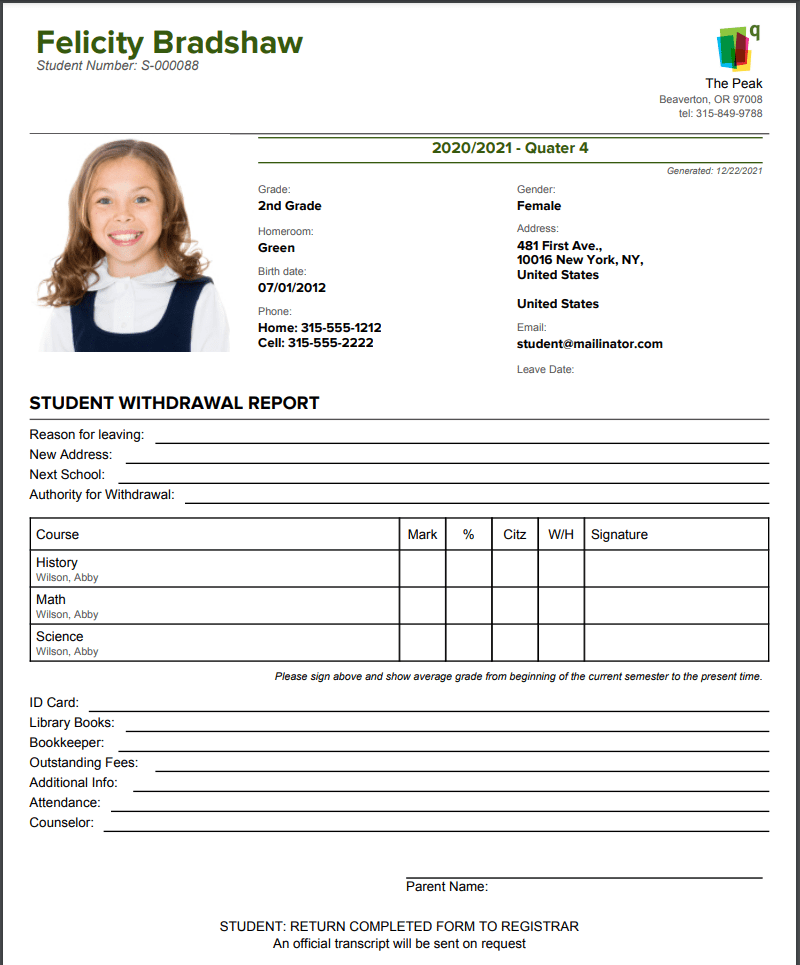 Printing Student Withdrawal Forms QuickSchools Support