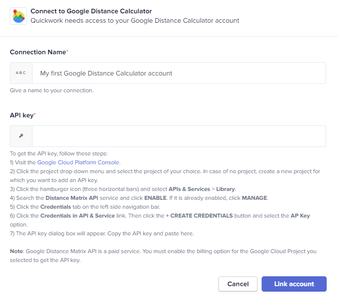 Google Distance Calculator Connecting your account Quickwork