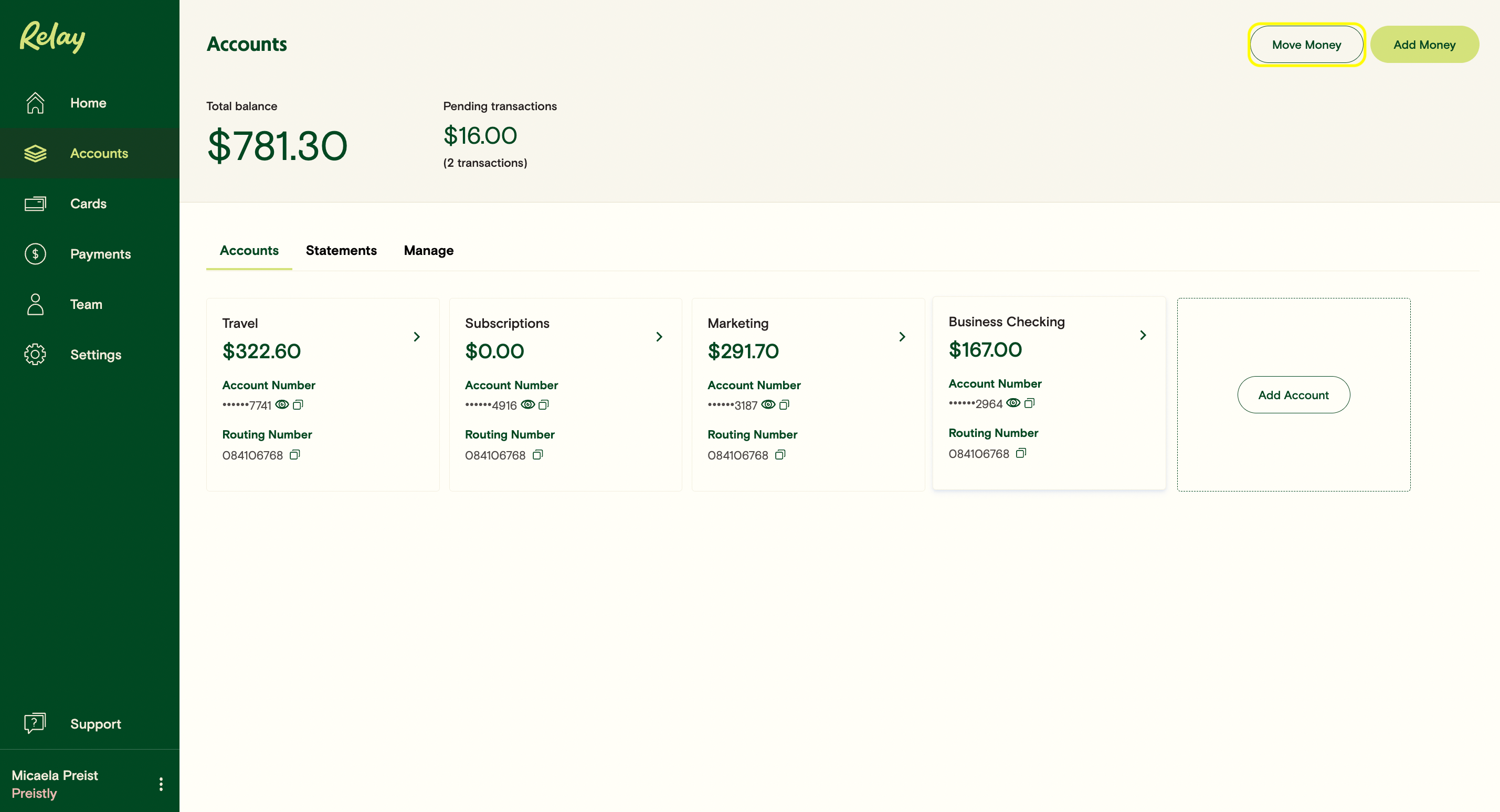 Moving Funds between Relay checking accounts Relay Financial
