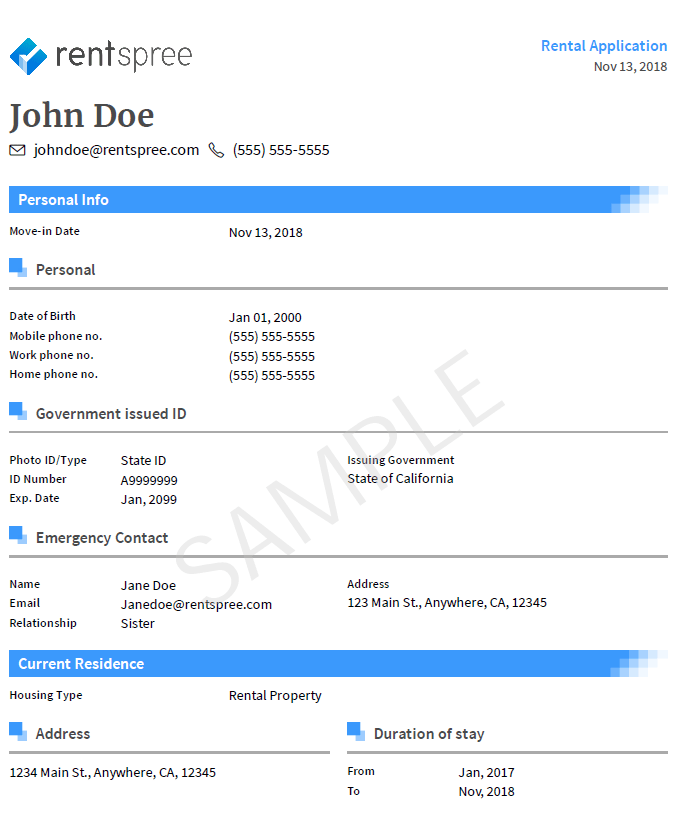 A completed sample RentSpree application