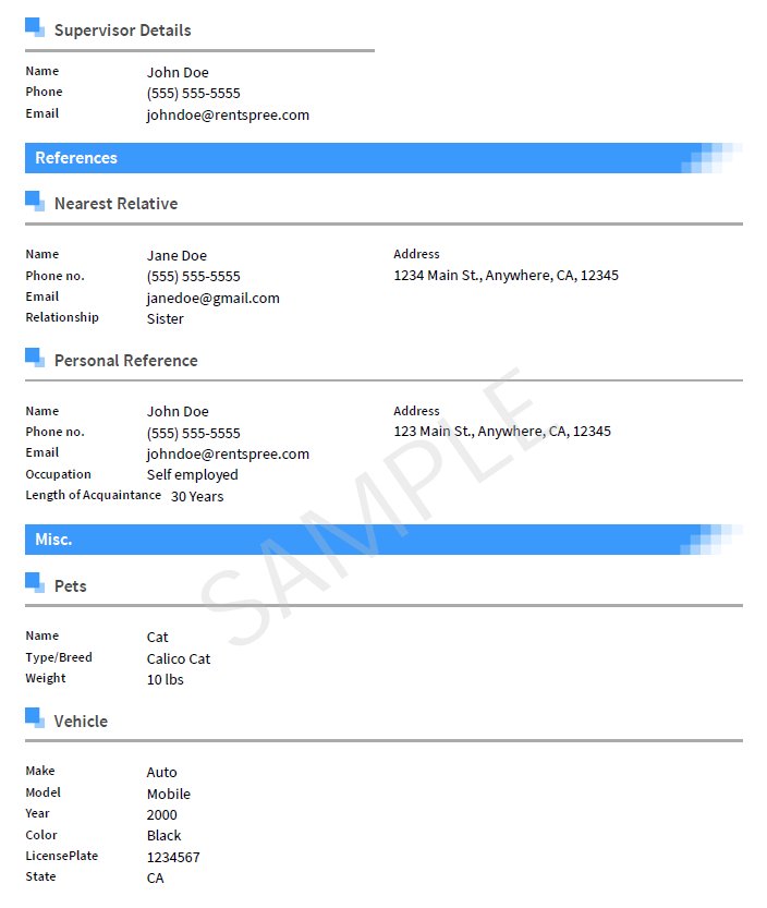 A completed sample RentSpree application