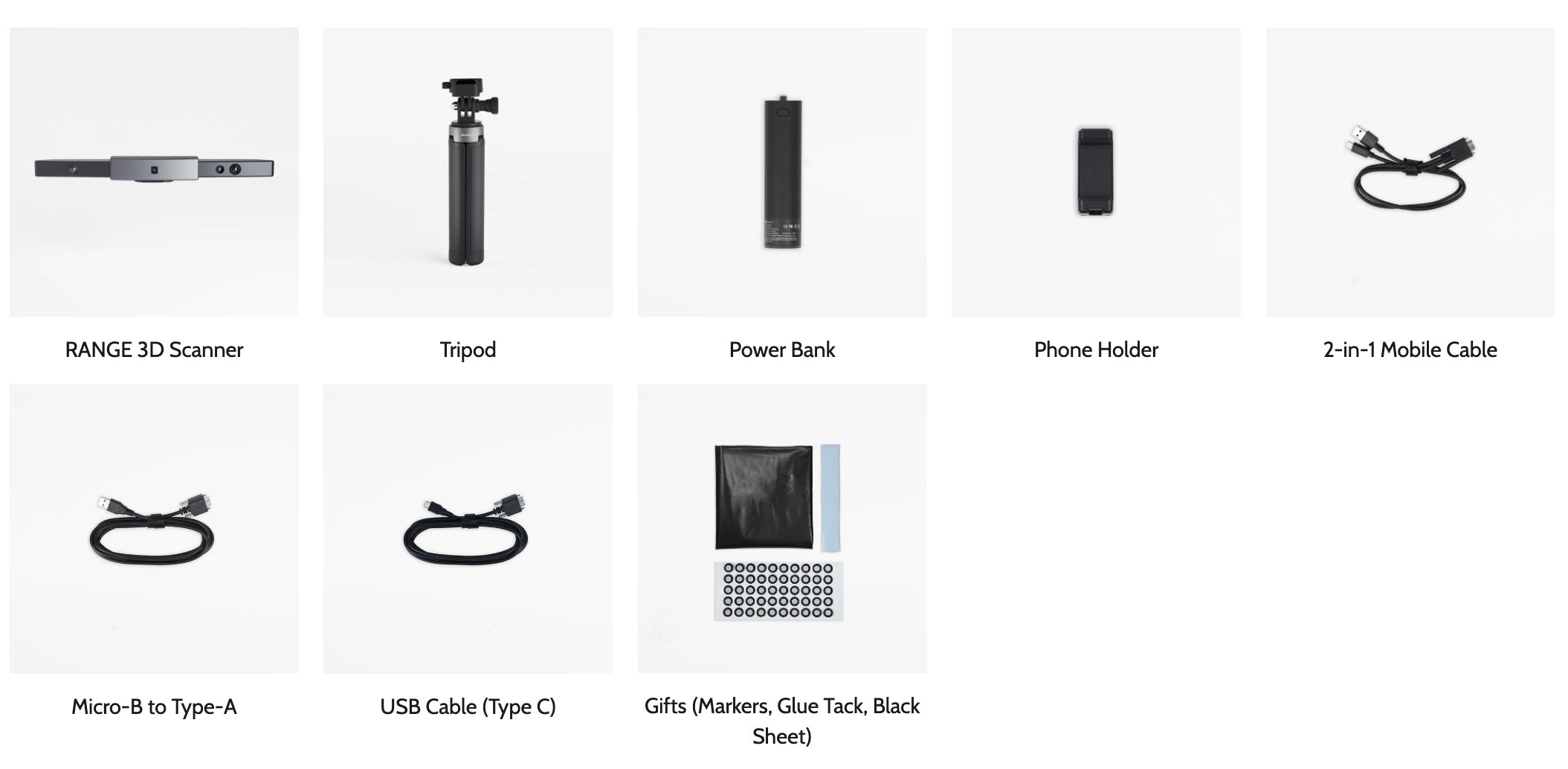 RANGE & RANGE 2 package list Revopoint 3D Support