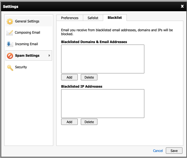 How do I blacklist an IP Address in my email settings? Rocketspark