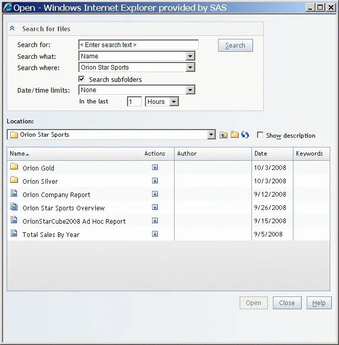 The Open Dialog Box SAS(R)  Report Studio 4.2 User's Guide