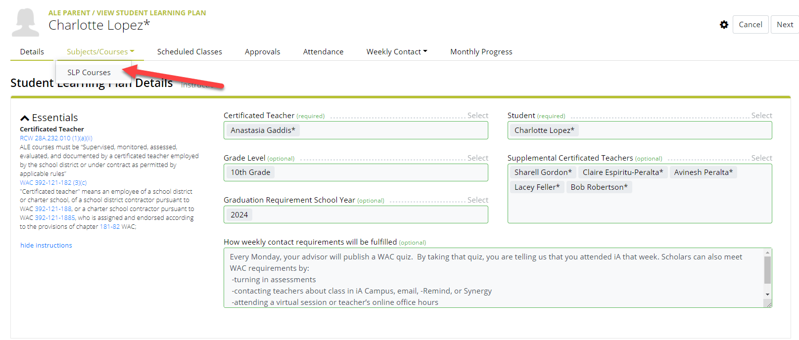 ALE Application for Parents Viewing the Student Learning Plan School Data Solutions