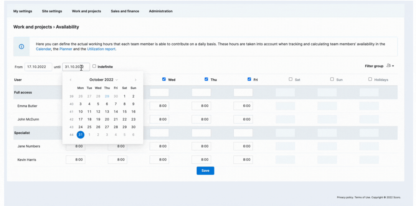 Availability settings Scoro Help Center