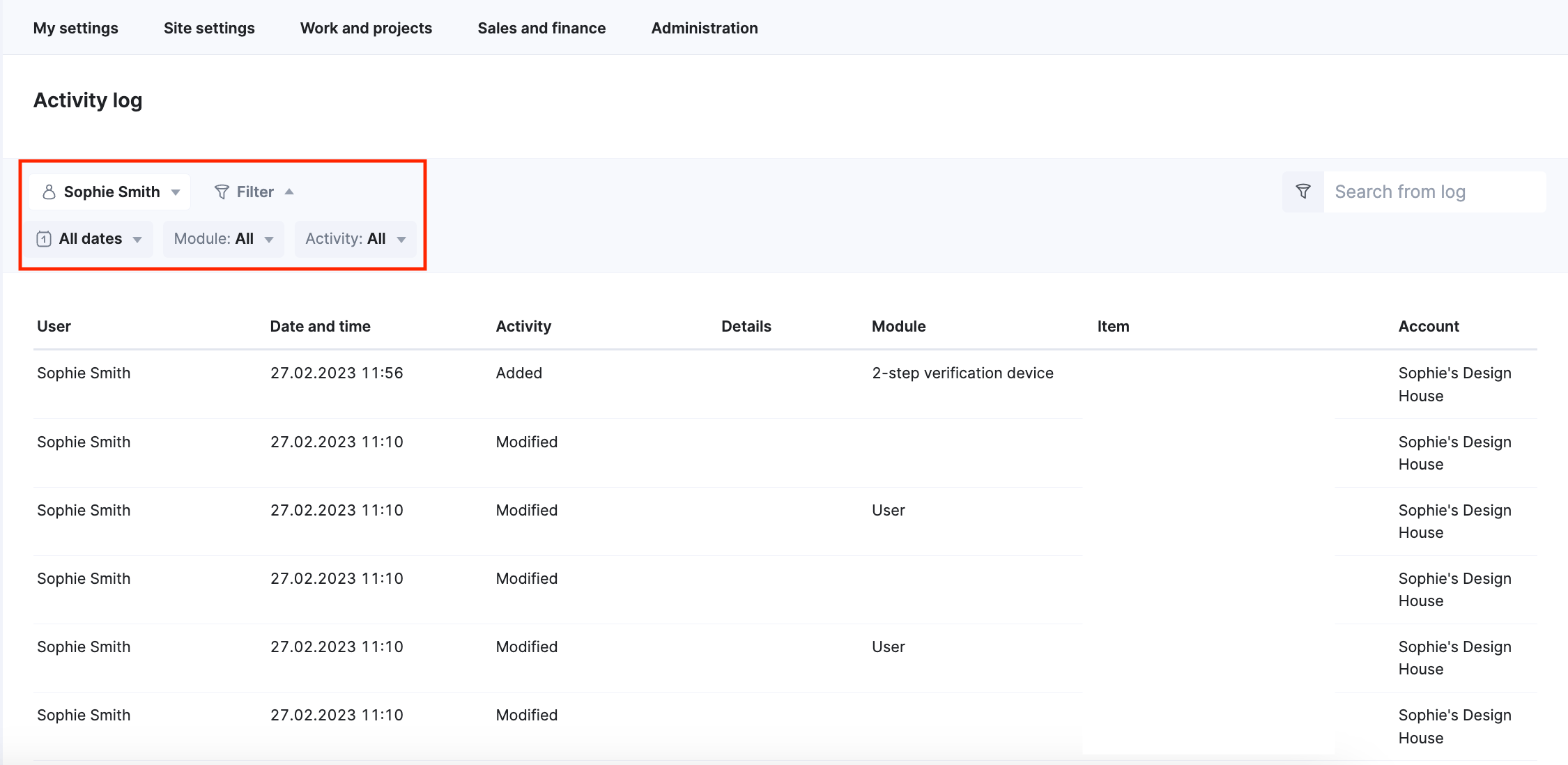 Activity log Scoro Help Center