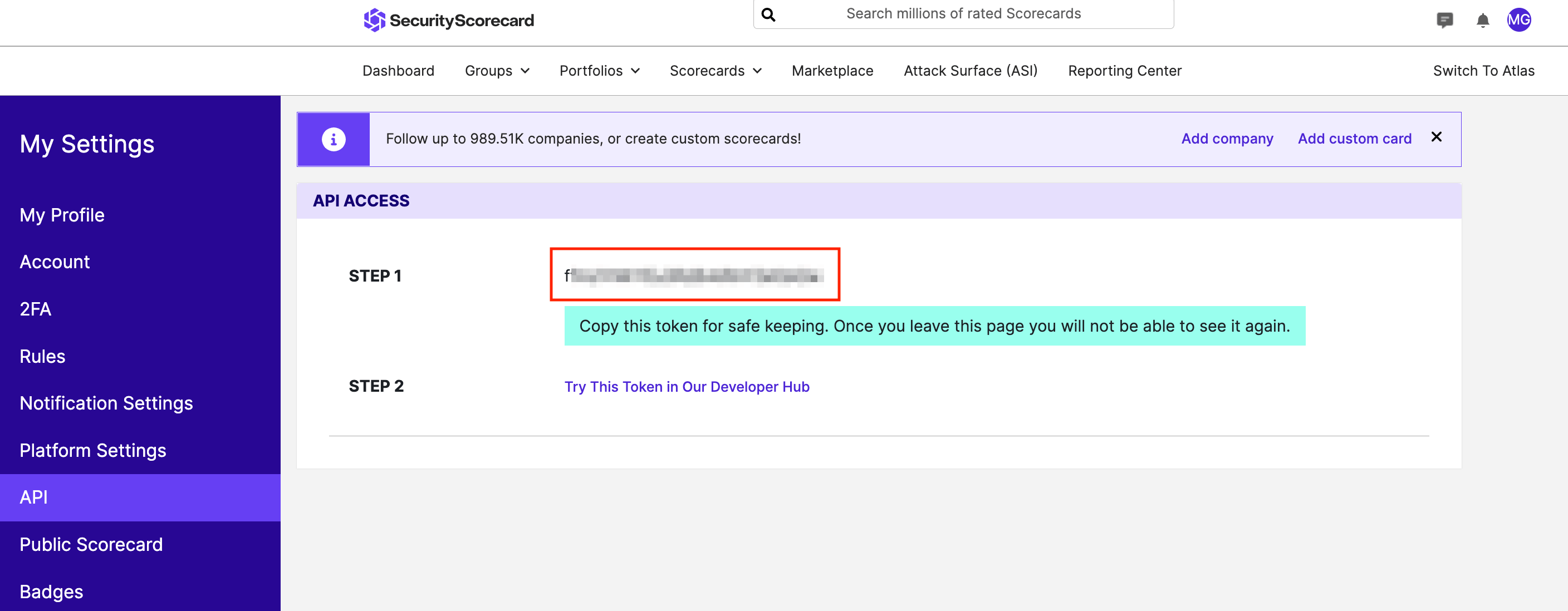 Create API tokens for the SecurityScorecard platform Help Center