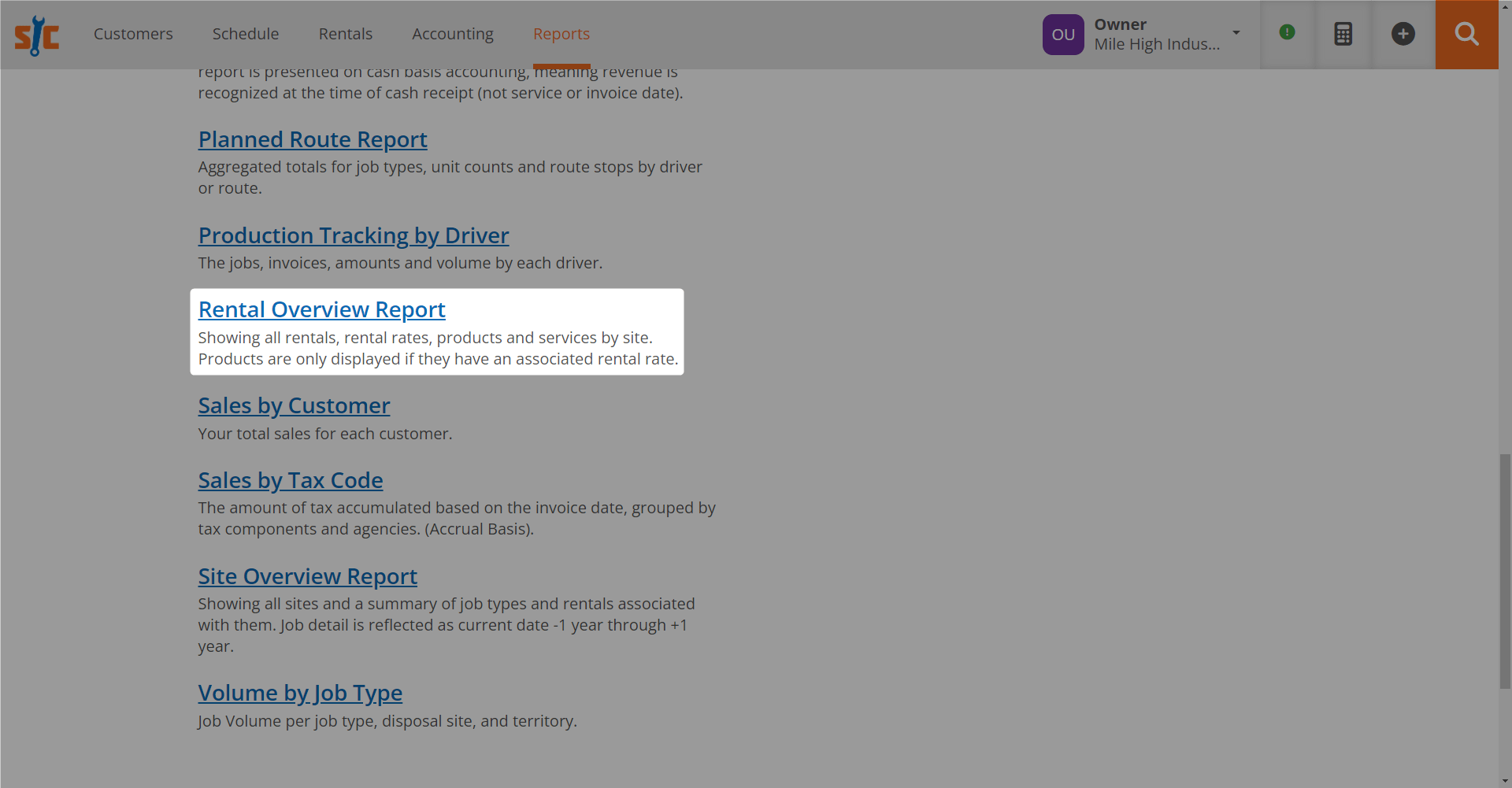 Rental Overview Report ServiceCore