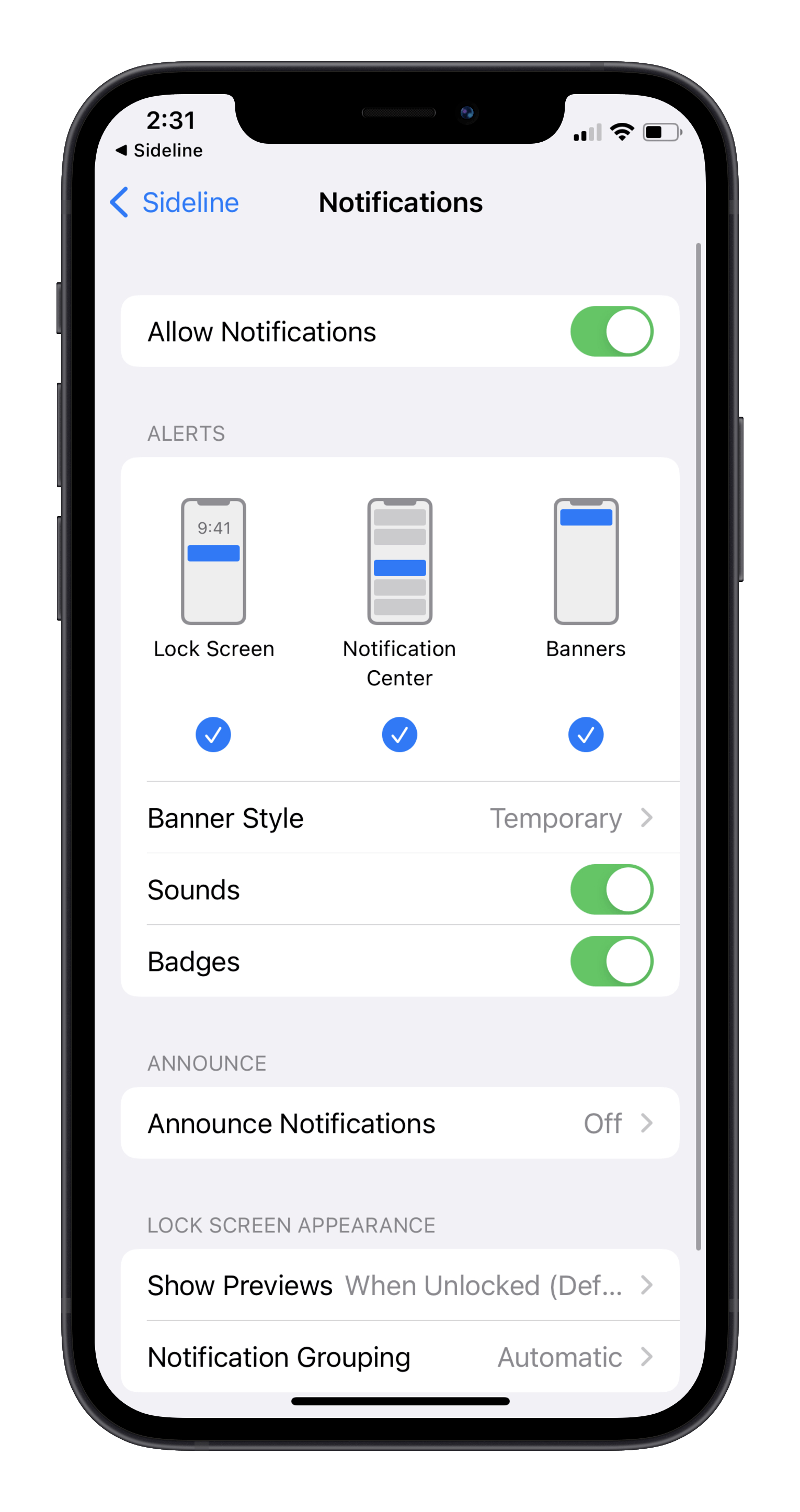 How to enable & disable notifications Sideline Support