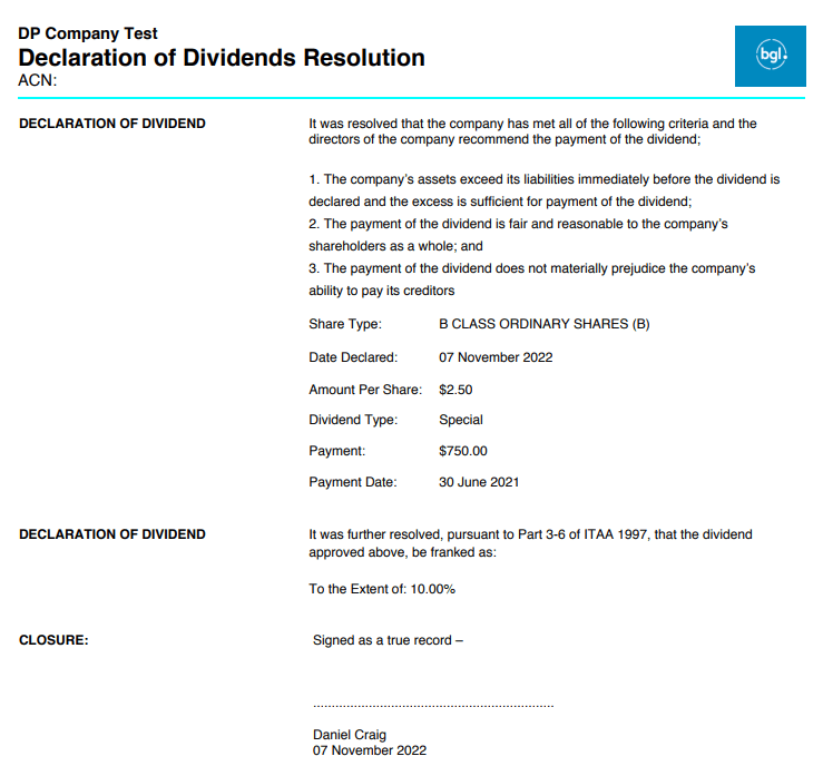 Declaration of Dividends Resolution Simple Invest 360