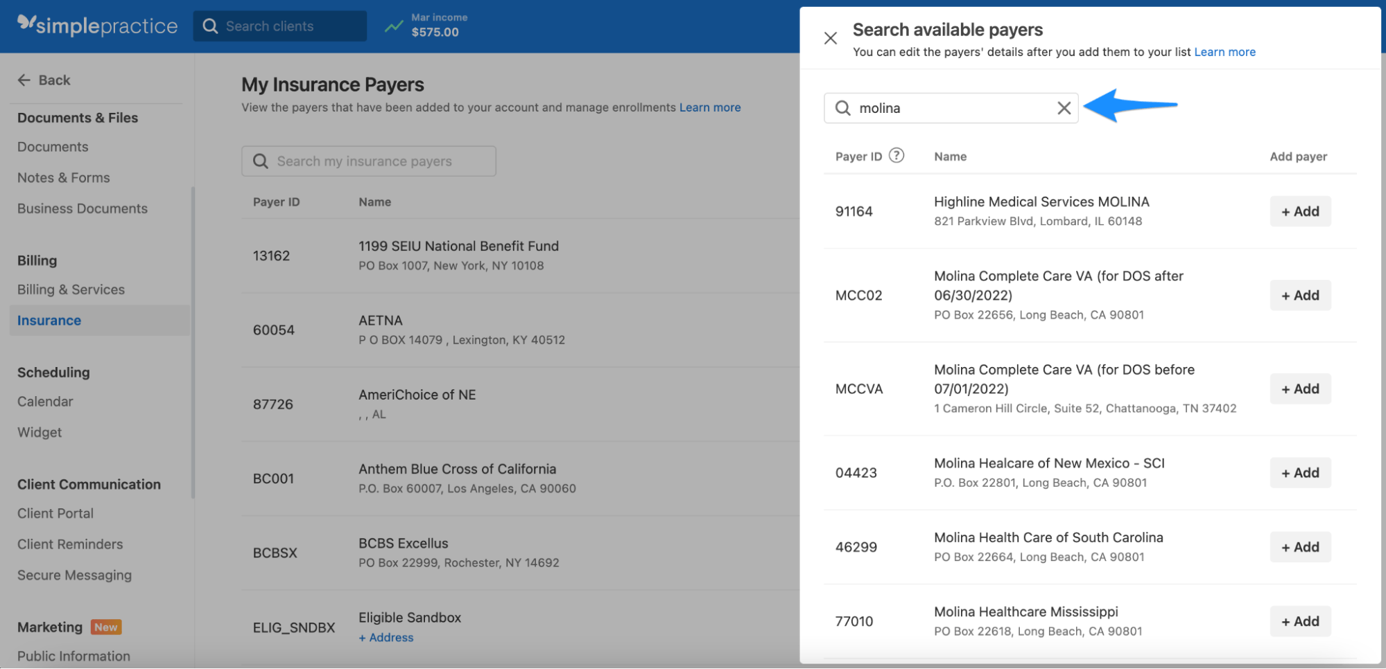 Adding insurance payers and selecting the correct payer ID
