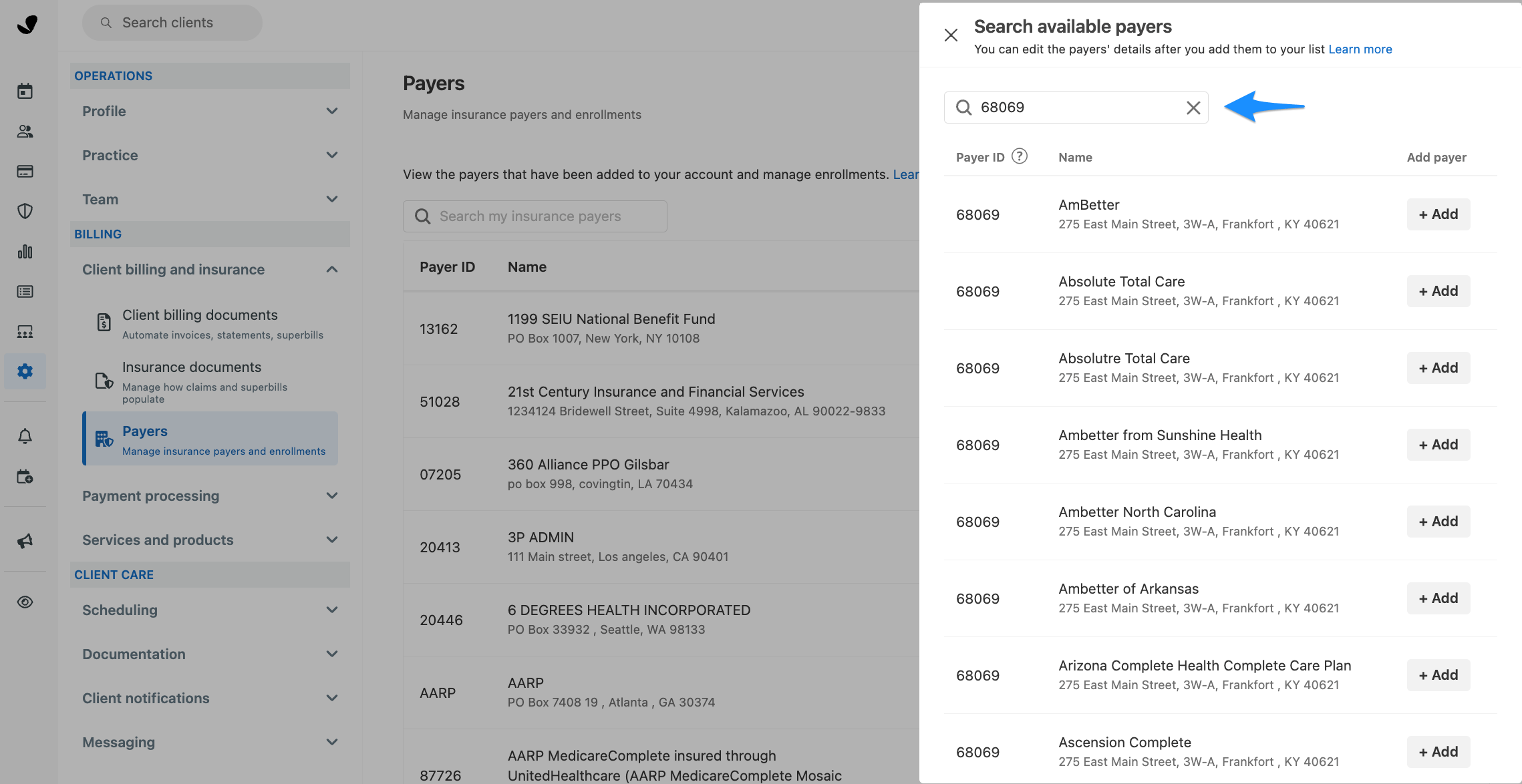 Adding insurance payers and selecting the correct payer ID