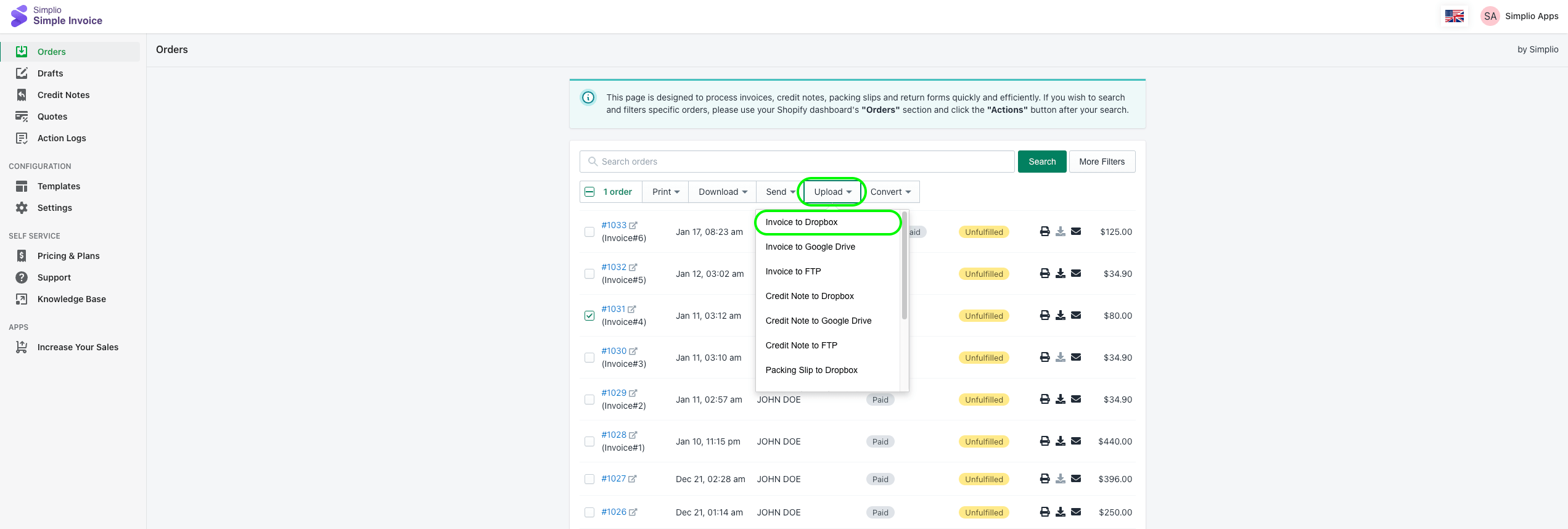 How can I upload my invoices to Dropbox? Simplio Support