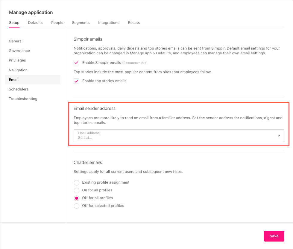 Salesforce How do I add a new "Email sender address" in Simpplr? Simpplr