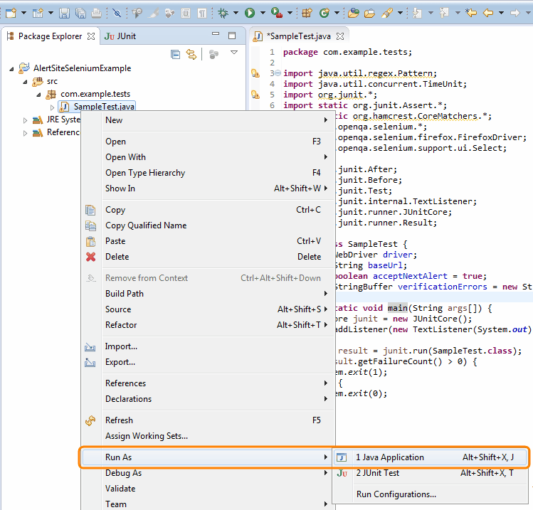 Export Eclipse Java Project as Runnable JAR AlertSite Documentation