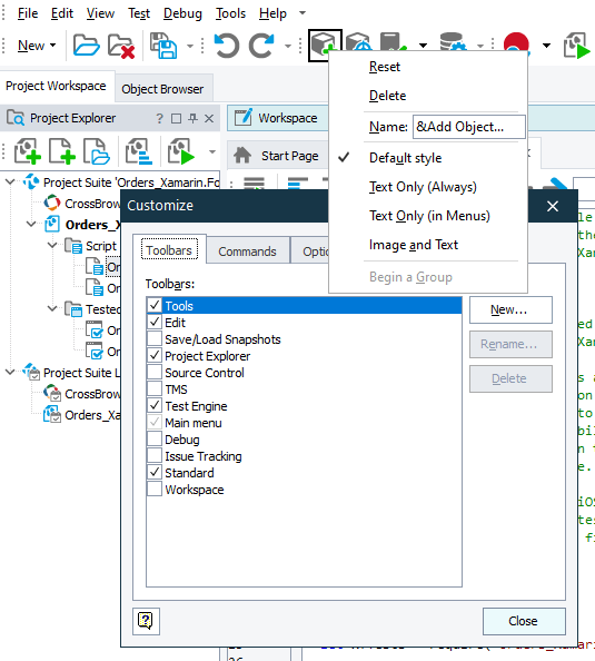 Customizing Toolbars and Menus Documentation