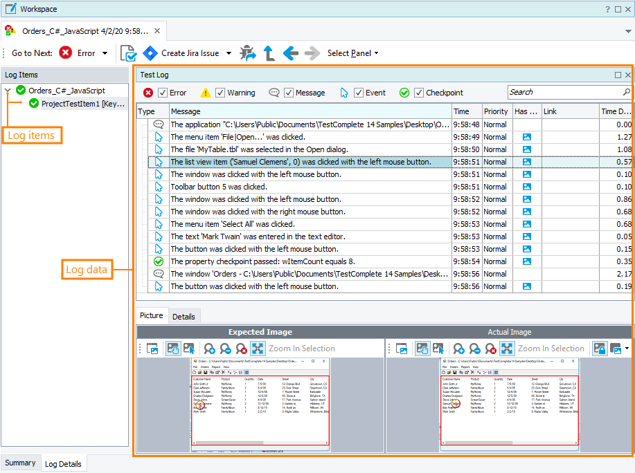 Access Test Log Contents from Tests Documentation