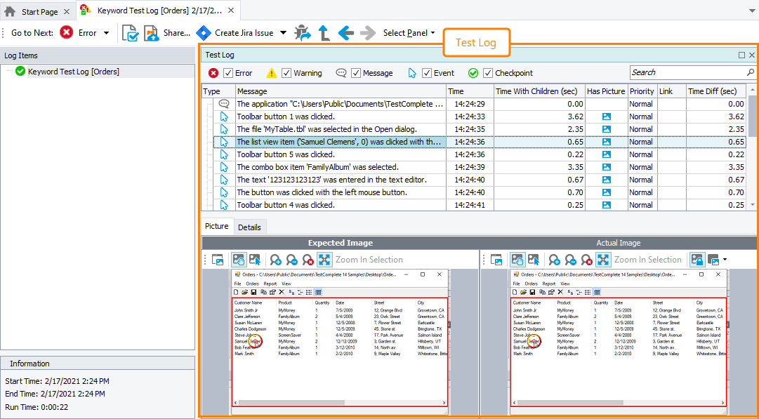 Generic Test Log Test Log Panel Documentation