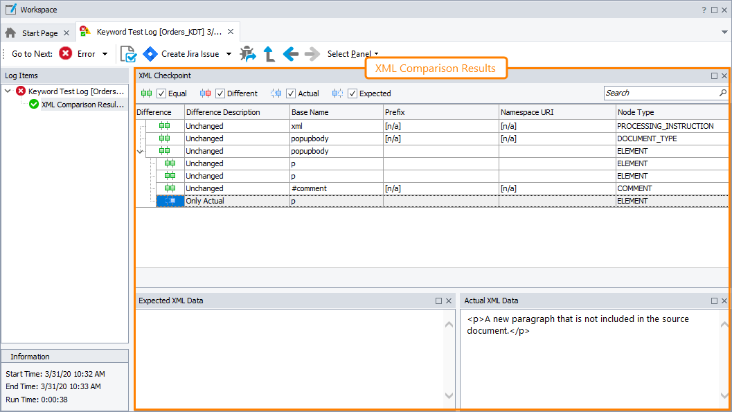 XML Comparison Results Log Page Documentation