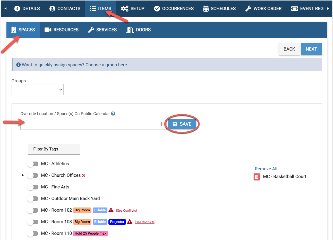 Public Calendar Feature Override Location & Spaces eSPACE Support