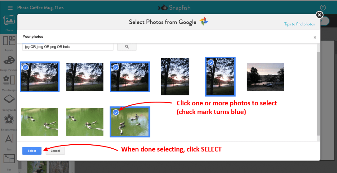 Select and upload photos while working on a project Snapfish Help