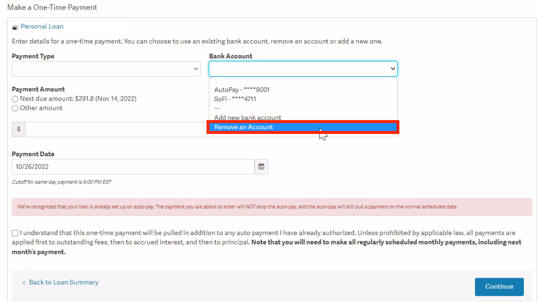 How do I delete a bank account from the list of payment methods on my