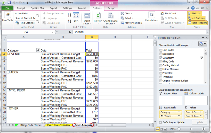 Cost Analysis Worksheet in the BFA Workbook Spitfire Client Services
