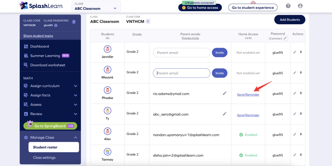 How can a teacher enable home access for the students? SplashLearn