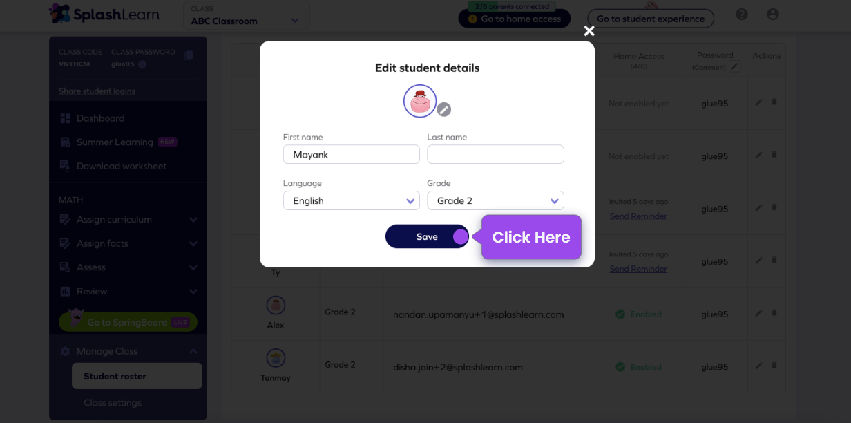 How can teachers change/update student information in SplashLearn