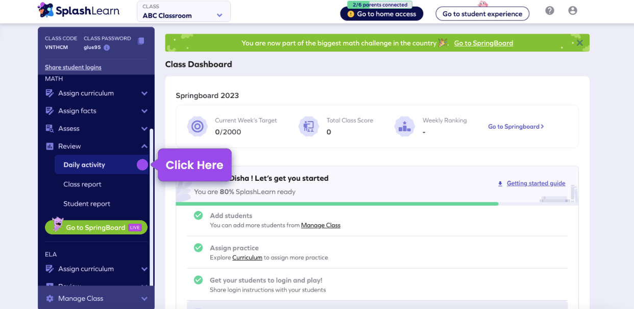 Where can teachers track student activity and progress/report? SplashLearn