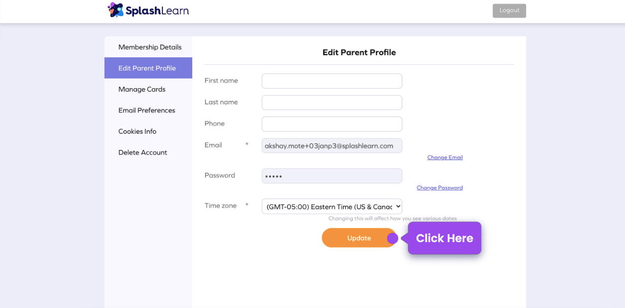 How can parents change name, email address and password? SplashLearn