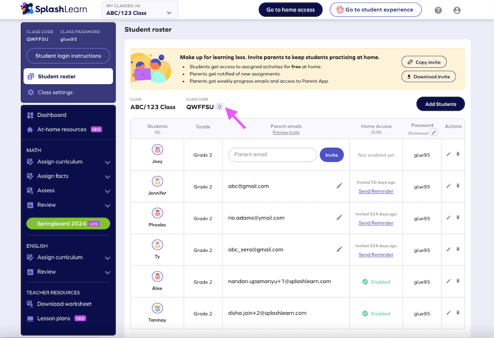 What is class code and how teachers can change it? SplashLearn