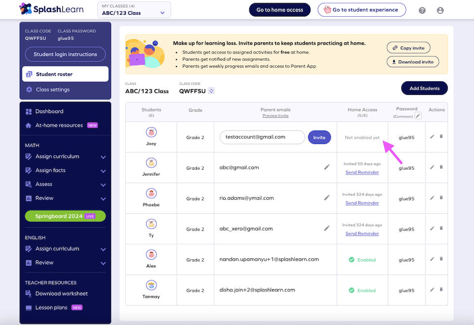 How can a teacher enable home access for the students? SplashLearn
