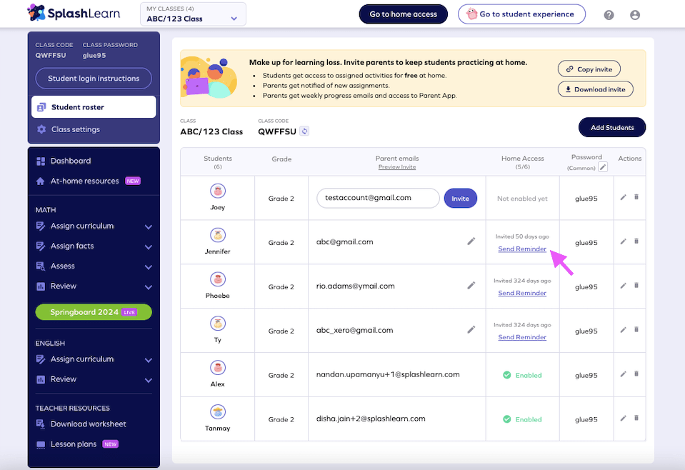 How can a teacher enable home access for the students? SplashLearn