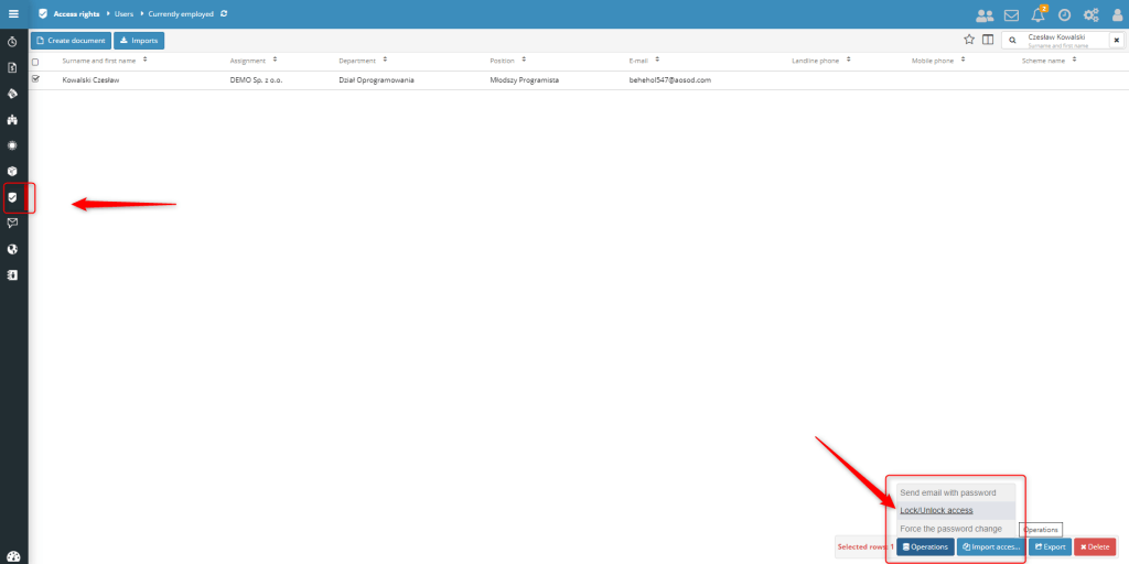 7. Locking/deleting an account from the Access rights application view SSC Master Support