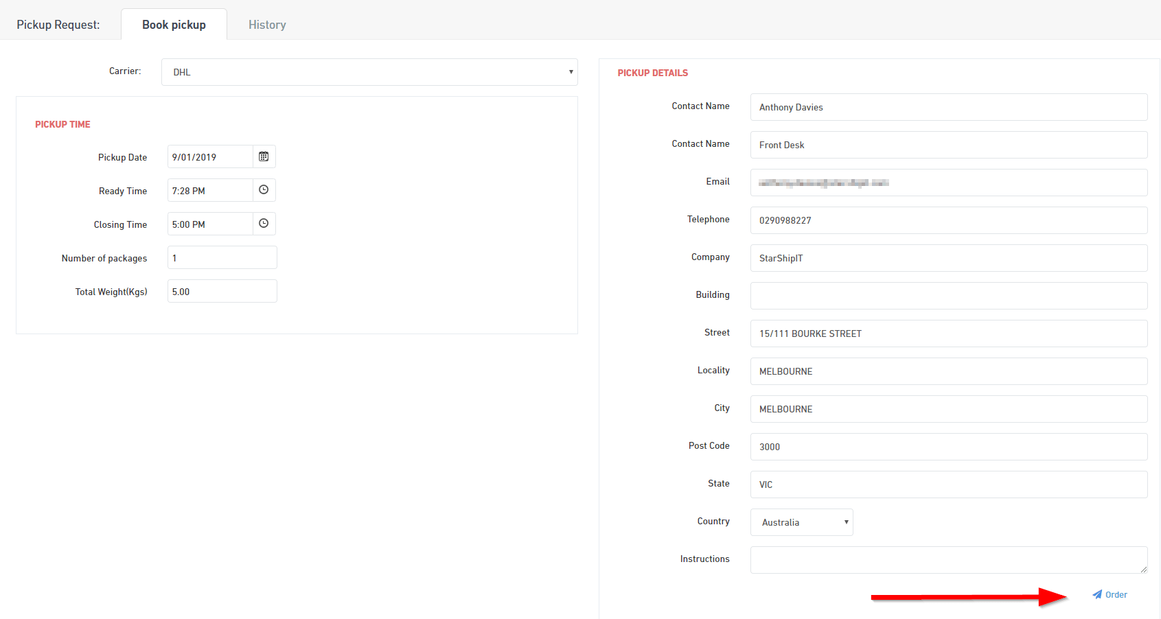 Book a courier pickup Starshipit