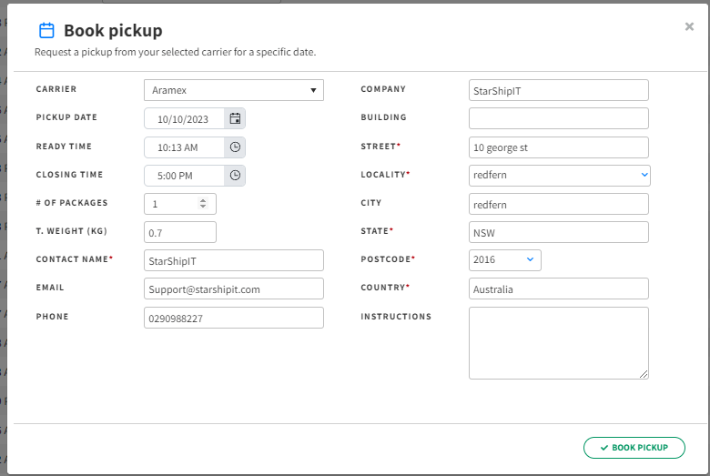 Book a courier pickup Starshipit