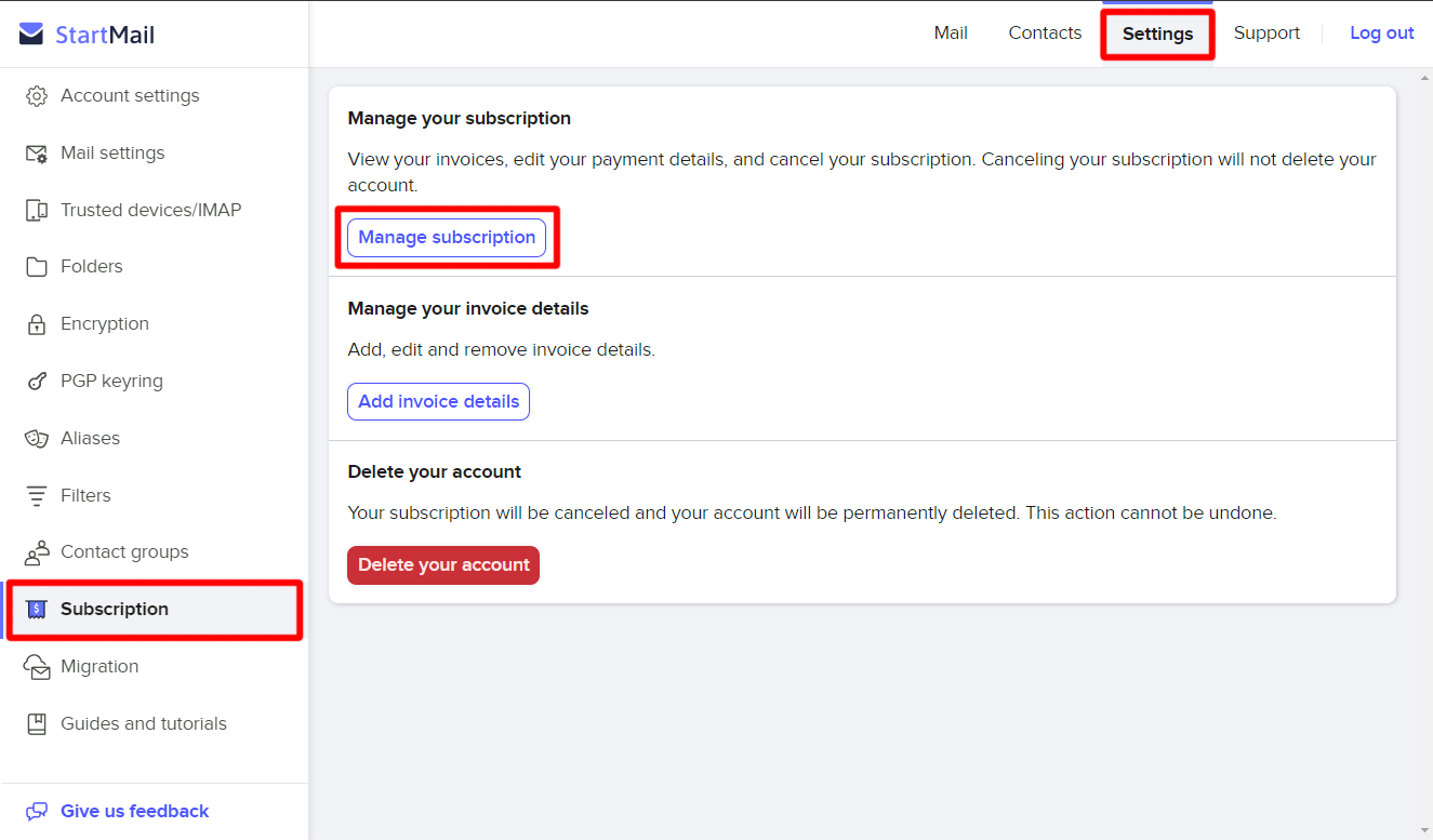 Remove payment method details StartMail