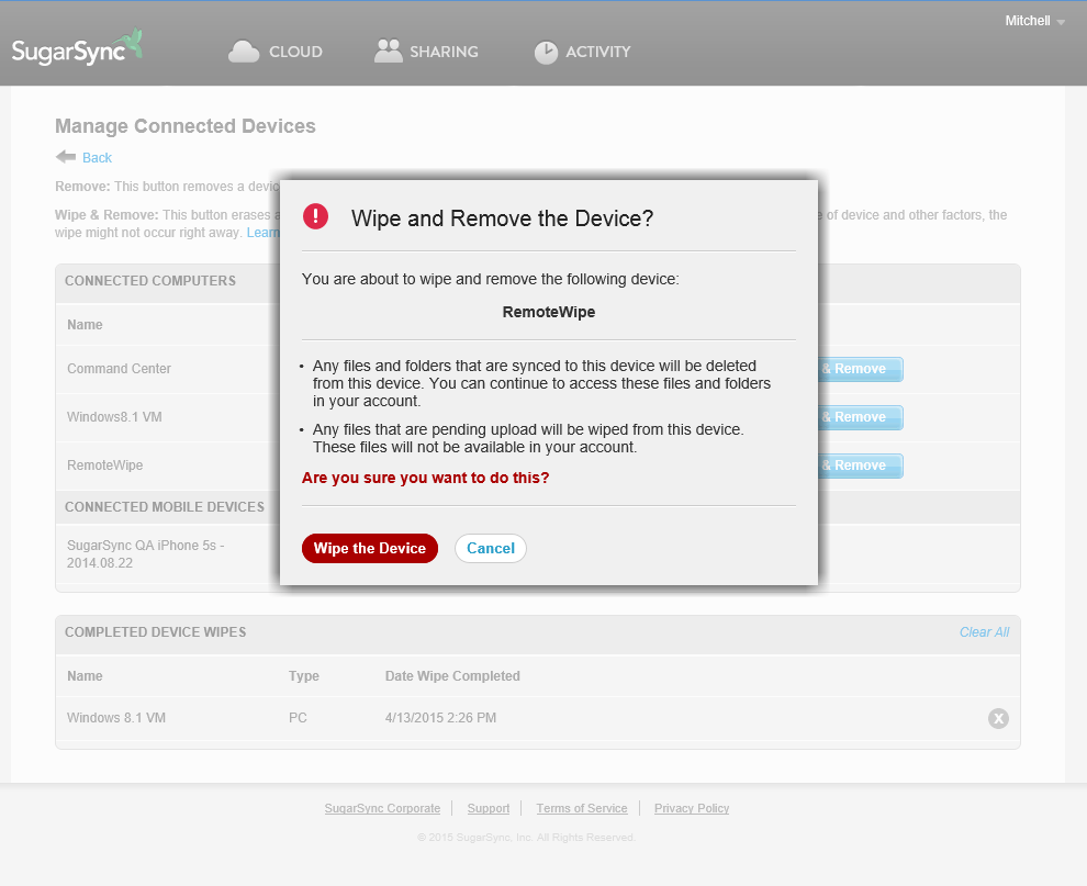 Remote Wipe SugarSync