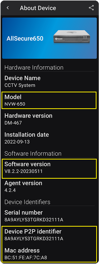 How to get your Swann product model number, P2P or UID, MAC address or